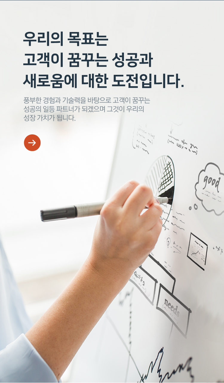 우리의 목표는 고객이 꿈꾸는 성공과 새로움에 대한 도전입니다. 풍부한 경험과 기술력을 바탕으로 고객이 꿈꾸는 성공의 일등 파트너가 되겠으며 그것이 우리의 성장 가치가 됩니다.